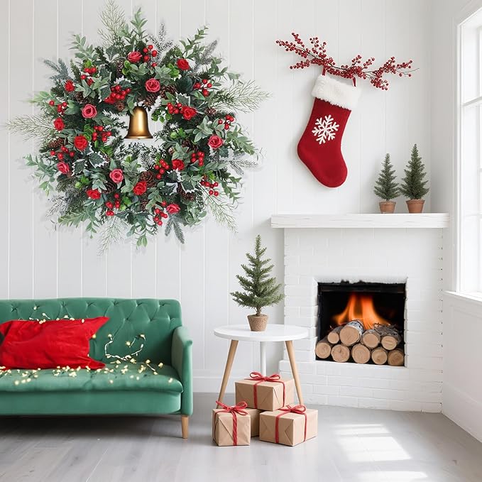 30inch Christmas Wreath, Artificial Winter Wreaths for Front Door with Bell Pinecone Berries for Outdoor Indoor Wall Tree Table Farmhouse Holiday Wedding Birthday Party Decorations