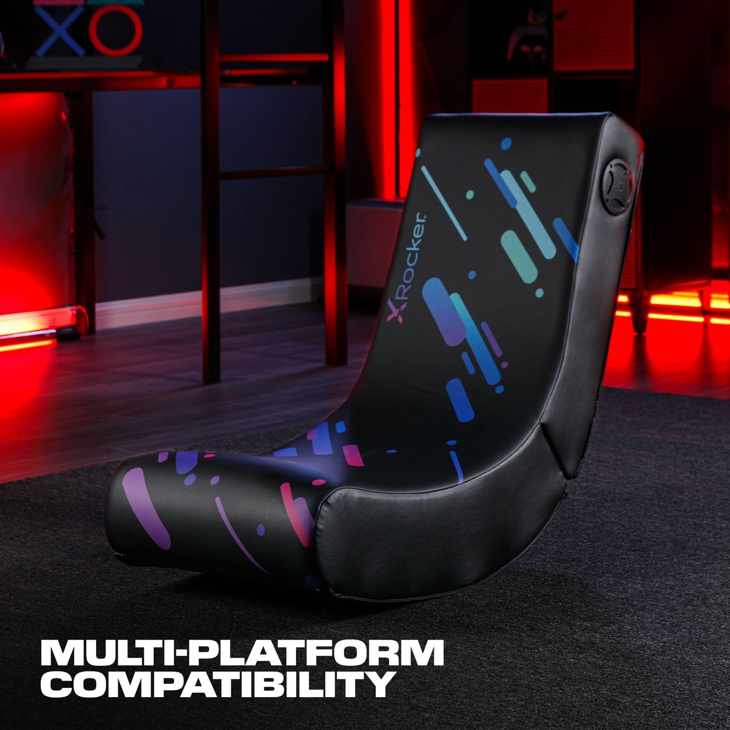 X Rocker Pixel Printed Video Gaming Floor Chair with Headrest Speakers, Wireless Bluetooth, Foldable, Vegan Leather, 300 lbs Max, Amazon Exclusive, Black