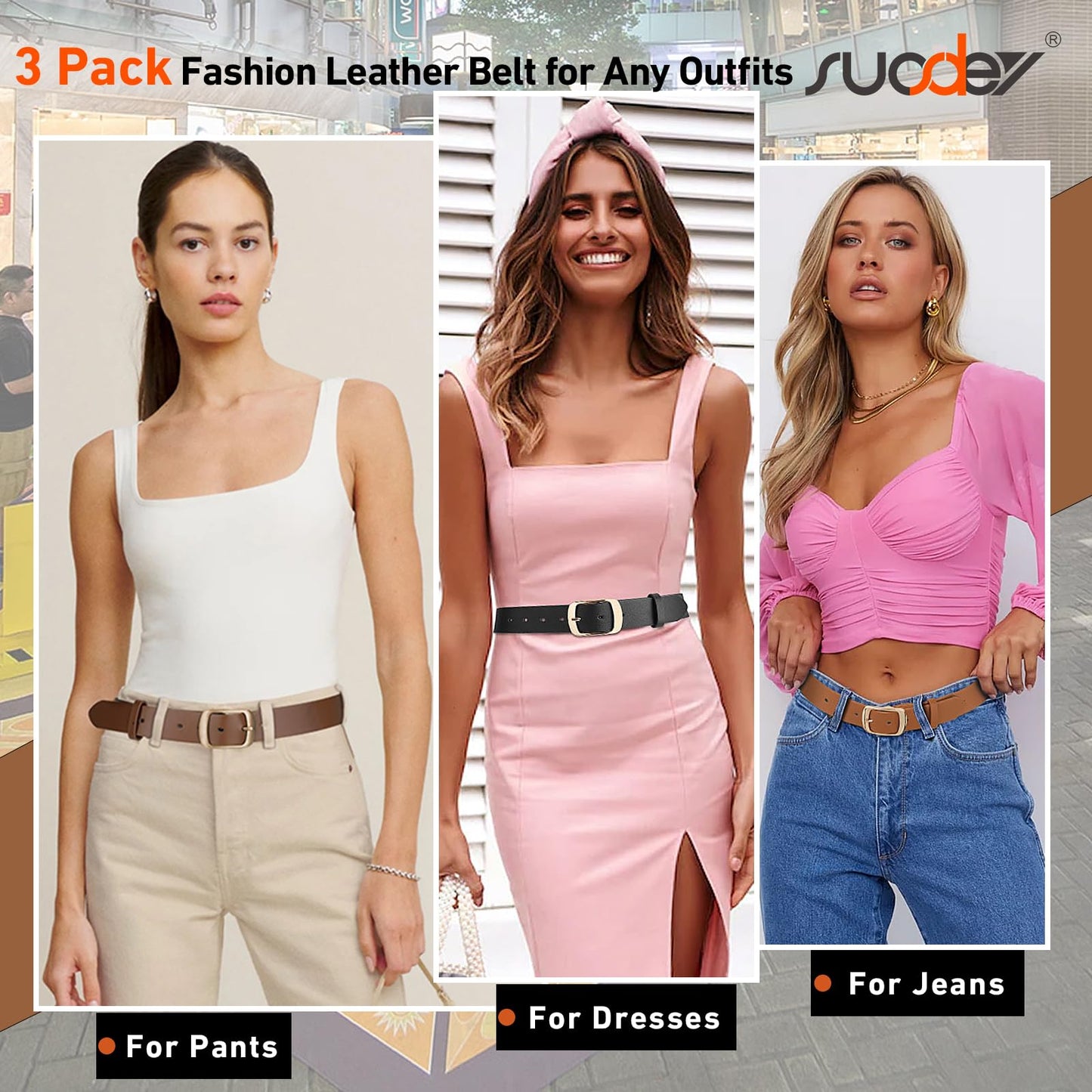 SUOSDEY 3 Pack FashionWomen Belts for Jeans Dresses Pants Ladies Leather Waist Belt with Elegant Buckle, Width 1.3"