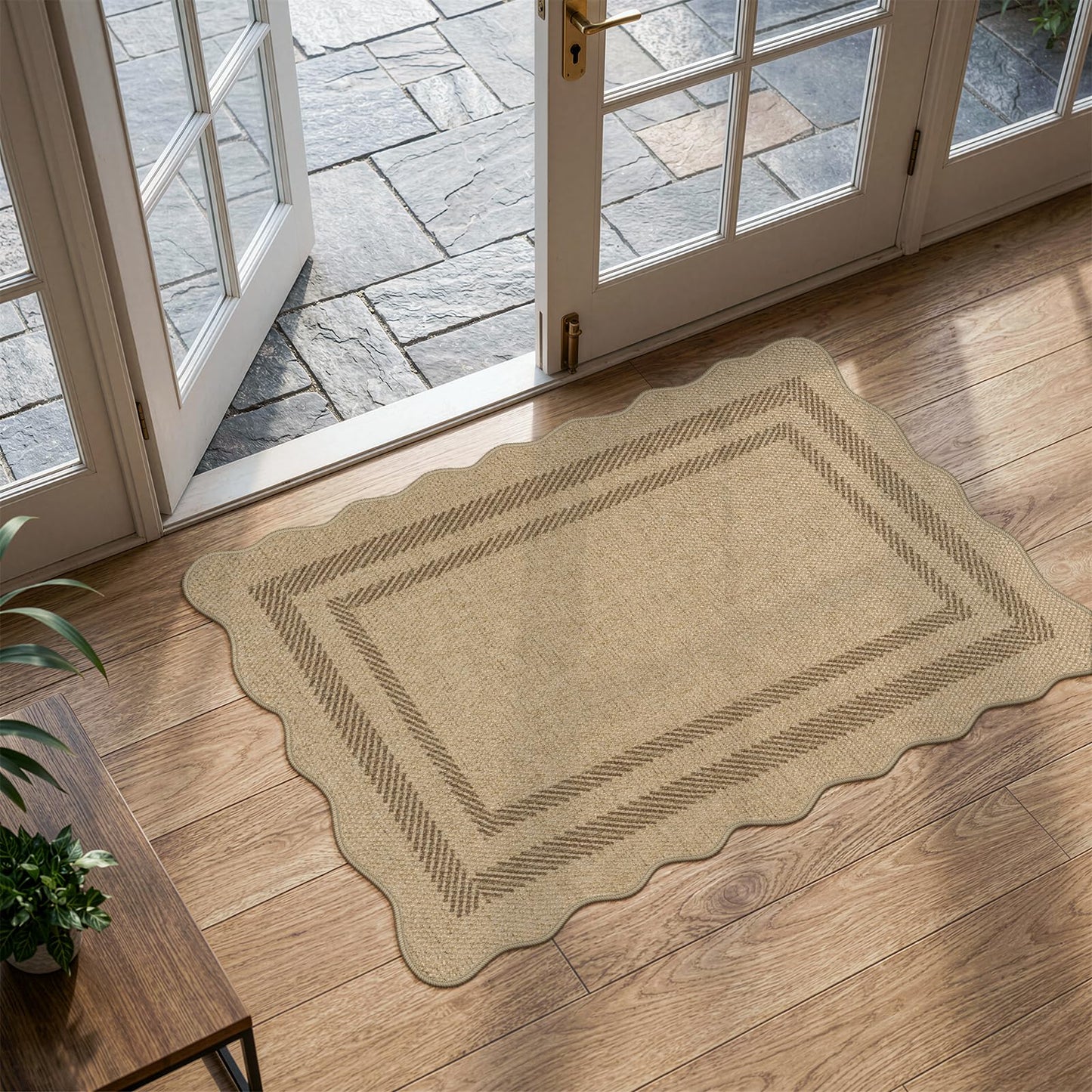 LIVEBOX Scalloped Easy Jute Kitchen Rug, 2x3 Front Door Mat Indoor Outdoor Small Entryway Rug, Washable Non Slip Farmhouse Area Rug, Tan Neutral Modern Carpet Outdoor Doormat for Porch Doorway Foyer