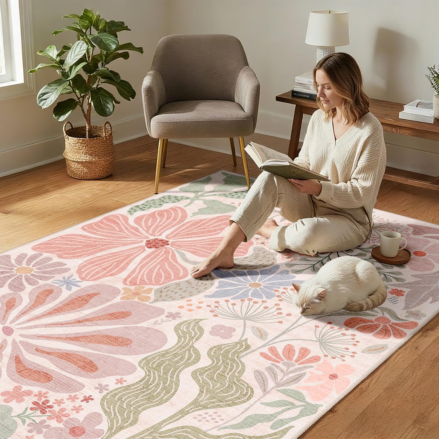 MUJOO Pink Washable 2x6 Runner Rugs for Hallway Kitchen Bedside,Floral Long Area Rug for Bedroom Bathroom Laundry Room Floor Non Slip Carpet Throw Rug Boho Modern Abstract Botanical Flower