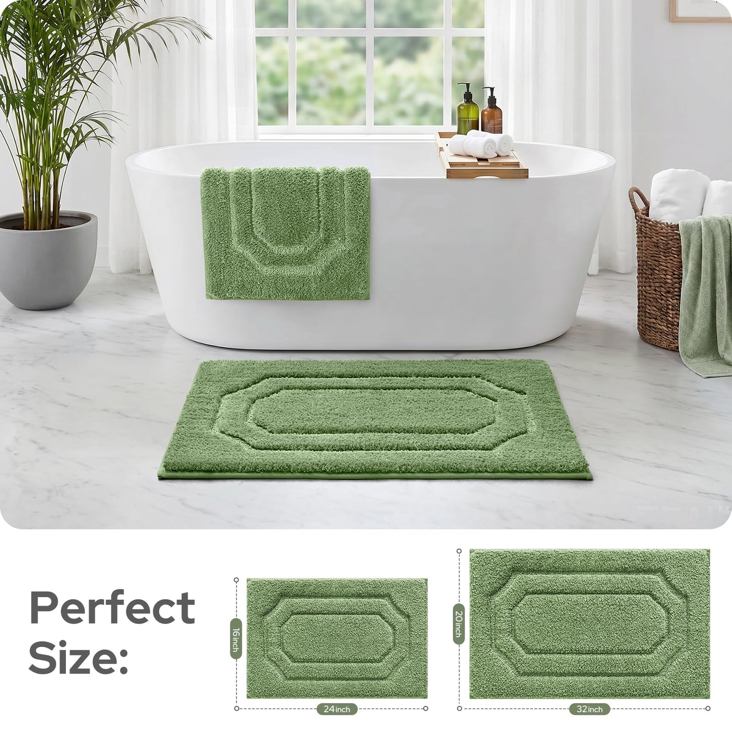 HOMEIDEAS Bathroom Rugs Sets 2 Piece, Extra Soft and Absorbent Microfiber Plush Bath Mat with Non Slip Backing(Sage Green)