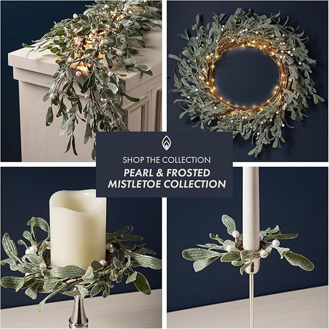 LampLust Winter Wreaths for Front Door Outside, 20 Inch Flocked Wreath with Mistletoe & Pearly White Berries, 75 LED Lights, Battery Powered, Timer, Farmhouse Wreath, Winter Wreaths for Indoors