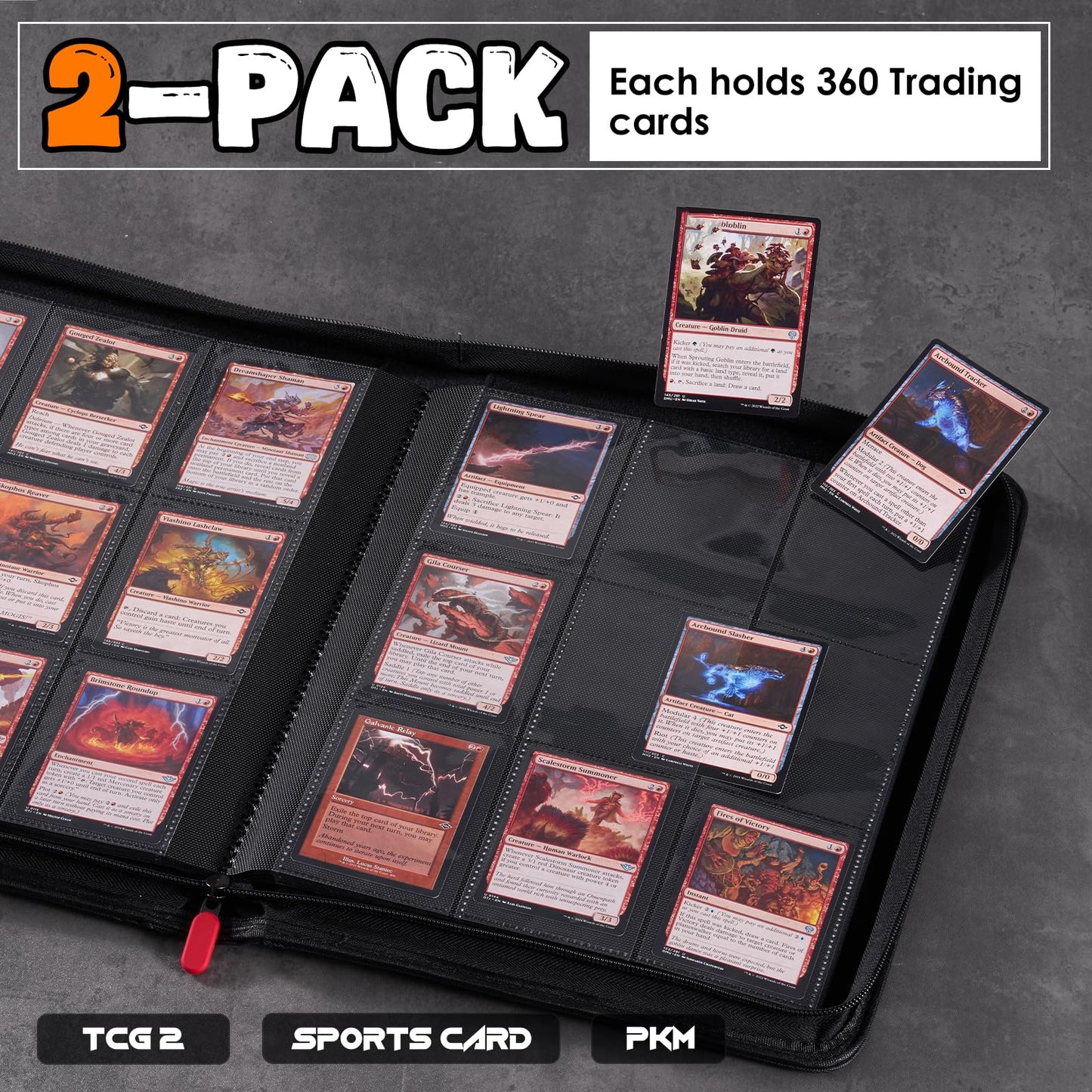 ProCase 2-Pack 9-Pocket Trading Card Binder with Side-Loading Slots, 720 Pockets PU Leather Zipper Album for Sports Cards/TCG/CCG/PKM/MTG/Gaming Cards -Red+Navy