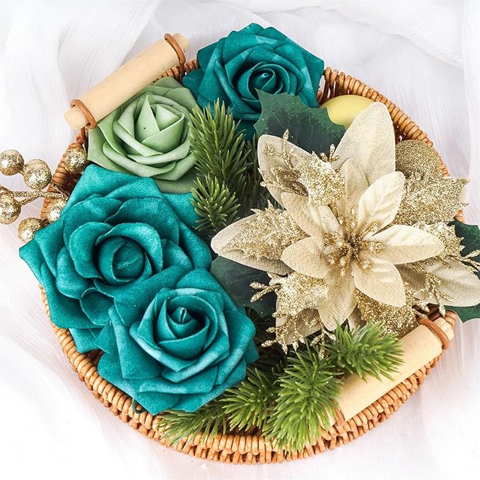Christmas Flowers Artificial Box Set, Christmas Themed Floral Decorations for DIY Christmas Tree Ornament Wedding Birthday Wreath Decoration (B)