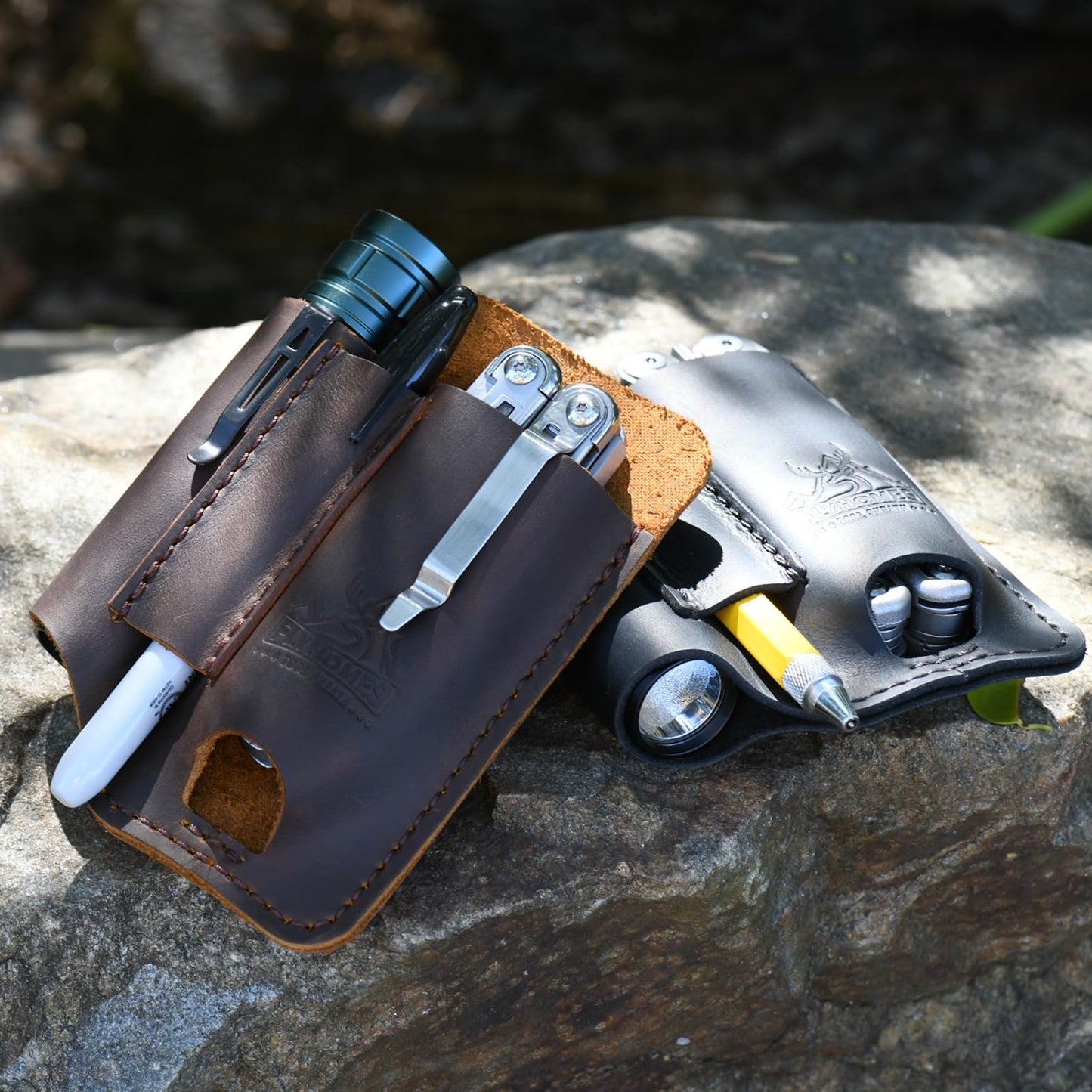FLYHOMES Genuine Leather Multitool Sheath | Handmade Stitched EDC Belt Organizer for Leatherman Surge & Wave+ | Multi Tool Holster & Pen | Tools Pouch (Dark Brown)