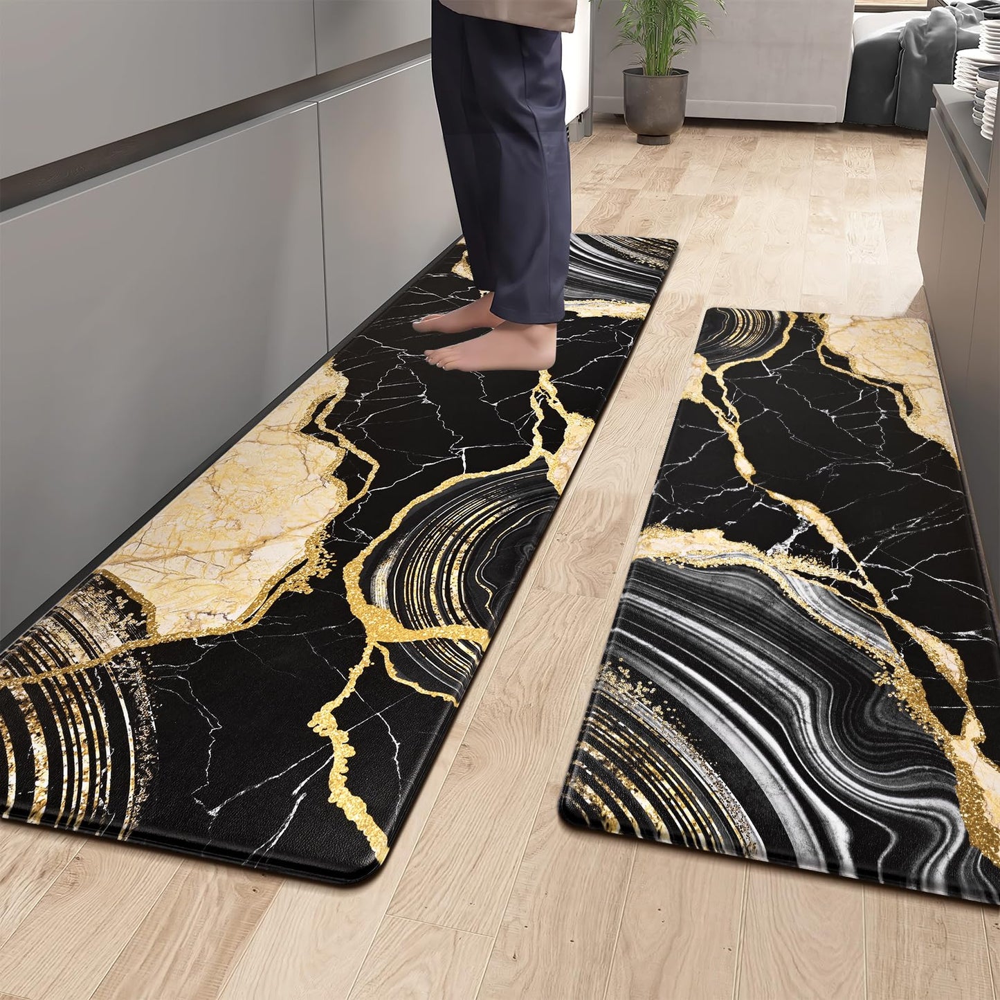 ASPMIZ 2 Piece Marble Kitchen Runner Rugs Set, Anti Fatigue Cushioned Kitchen Floor Mats, Black Gold Marble Kitchen Rugs Non Slip, PVC Waterproof Kitchen Mats for Sink, 18'' x 48'' + 18'' x 60''
