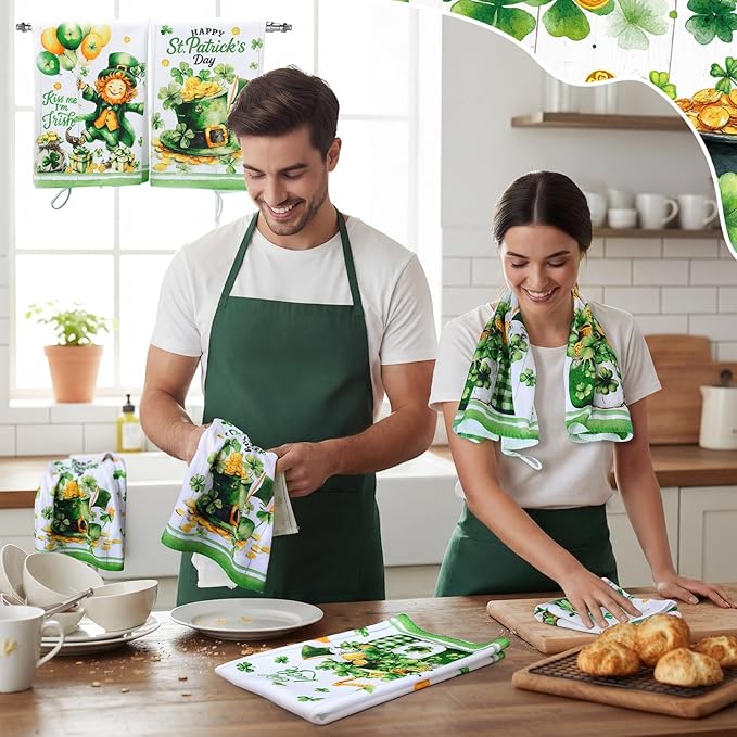 Breling Set of 6 St. Patrick's Day Kitchen Towels Shamrock Green Dish Towel