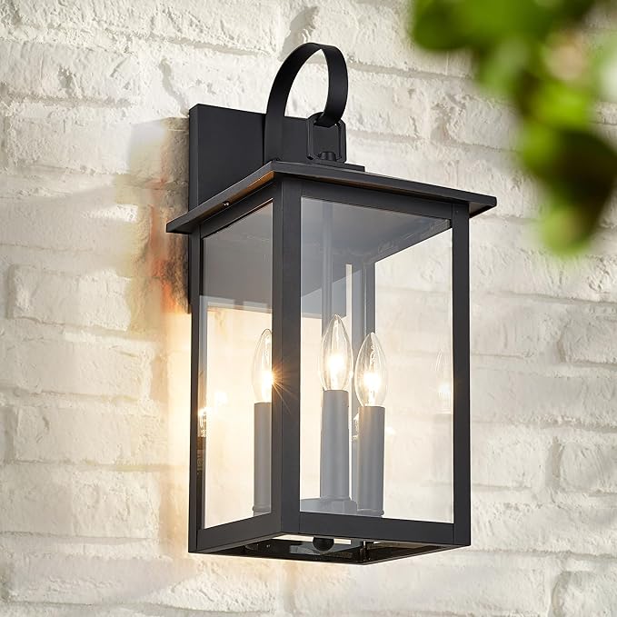 3-Light 9 inches Wide 20.5 inches High Large Wall Lantern Light with Textured Black Finish and Clear Glass New Traditional Outdoor Wall Lights for a Porch, Patio, Garage, Barn, Foyer