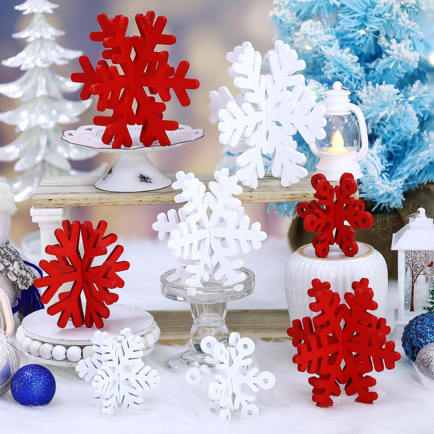 Wenqik 16 Pcs Winter Wooden Snowflake Decor Christmas Winter Snowflake Tabletop Decorations 3D Snow Table Signs Standing Centerpiece Xmas Tiered Tray Decorations for Party(Red White)