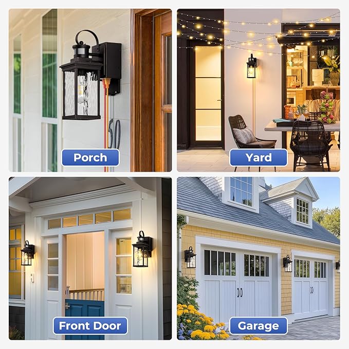 Outdoor House Lights Wall Mount with GFCI Outlet, Oil-Rubbed Bronze with Gold Trim Farmhouse Exterior Lighting Fixtures for Porch, Garage, 100% Aluminum Anti-Rust Front Door Light Motion Sensor
