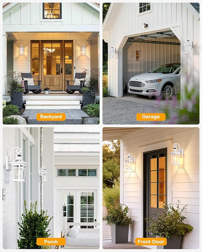 2 Pack Motion Sensor Outdoor Wall Lantern, White Outdoor Garage Lighting Fixtures Wall Mount, Waterproof Front Porch Lights with E26 Base, Exterior Sconce Light with Adjustable Sense Range