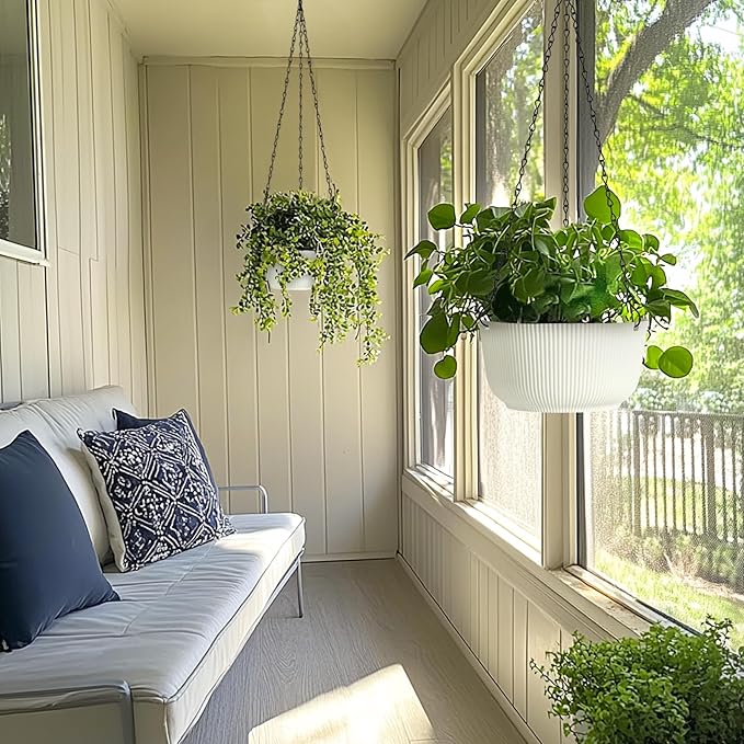 T4U 12 Inch Large Hanging Planters for Outdoor Plants, 2 Pack Self Watering Pots Indoor, Hanging Baskets for Plants,Hanging Flower Pot with Drainage Hole and Plant Hanger, White