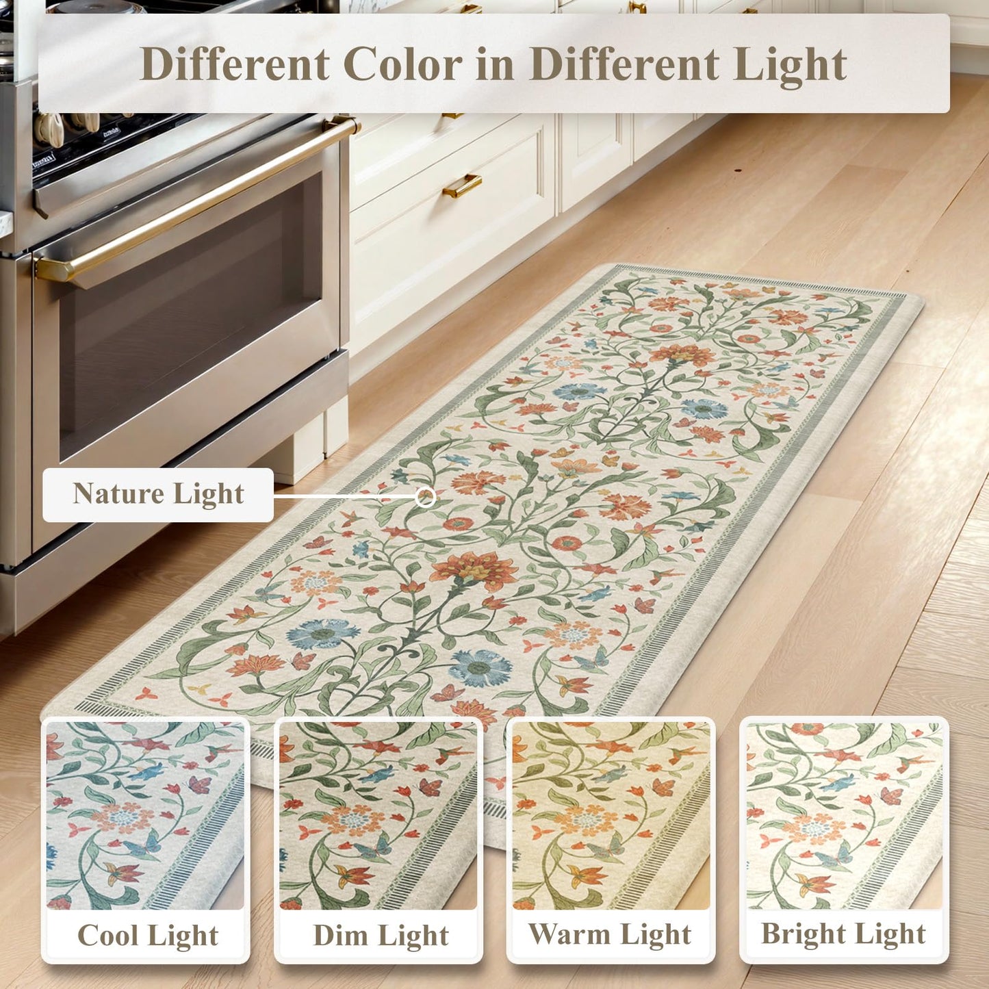 Collive Kitchen Mats for Floor, Cushioned Anti Fatigue Mat Floral Rugs 2 Piece Non Skid Waterproof Sink Rug, Memory Foam Comfort Standing Mat for Office, Laundry, Desk, 17.3"x29"+17.3"x47", Beige