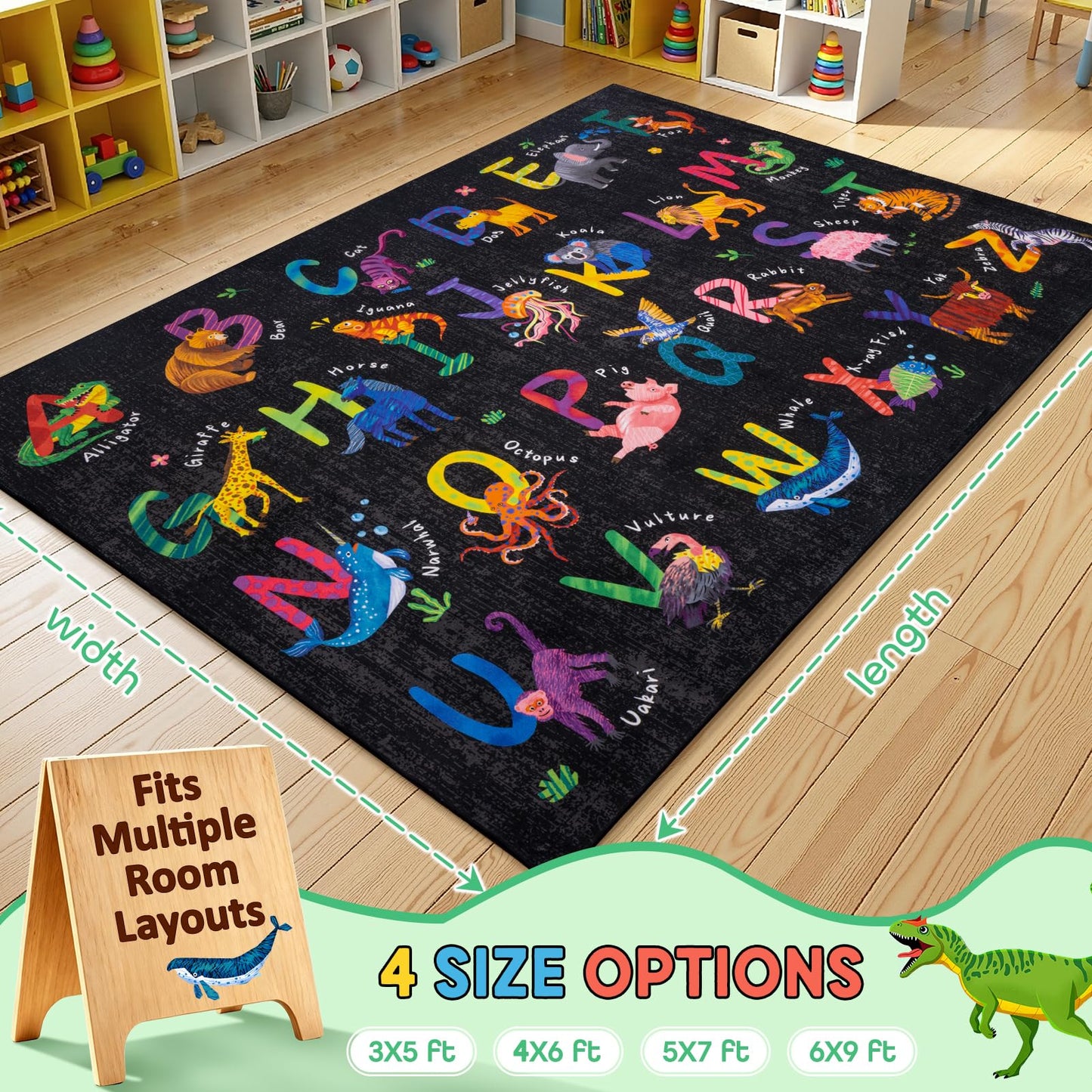 Rogara 3x5 ABC Classroom Rug for Kids Playroom, Alphabet Rug with 26 Animals, Non-Slip Washable Kids Carpet, Educational Preschool Play Mat for Daycare, Nursery, Toddler Bedroom