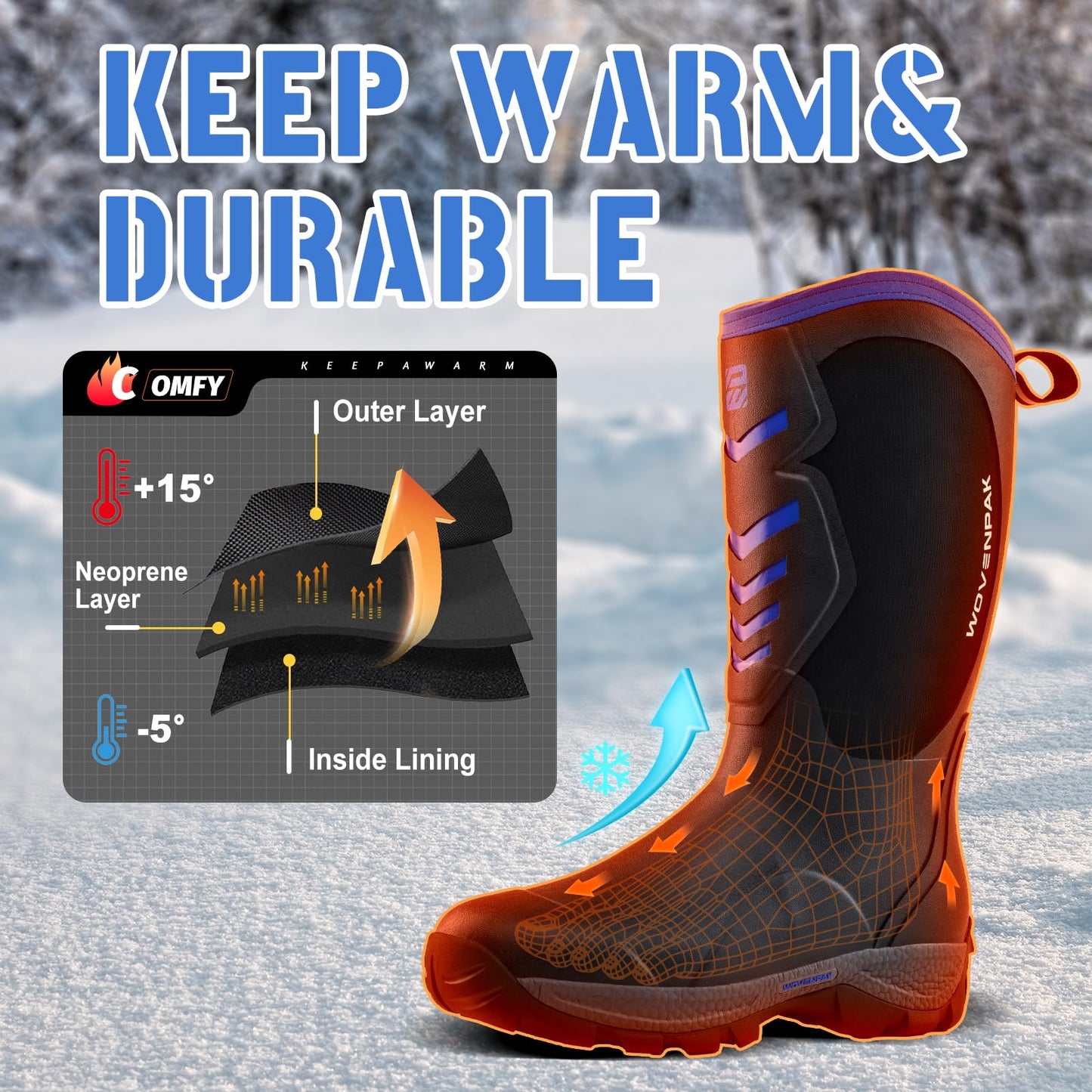 WOVENPAK Rubber Boots for Men, Mens Boots Waterproof Insulated Hunting Boots with Steel Shank, Neoprene Rubber Work Mud Boots Outdoor All Season, Size 7