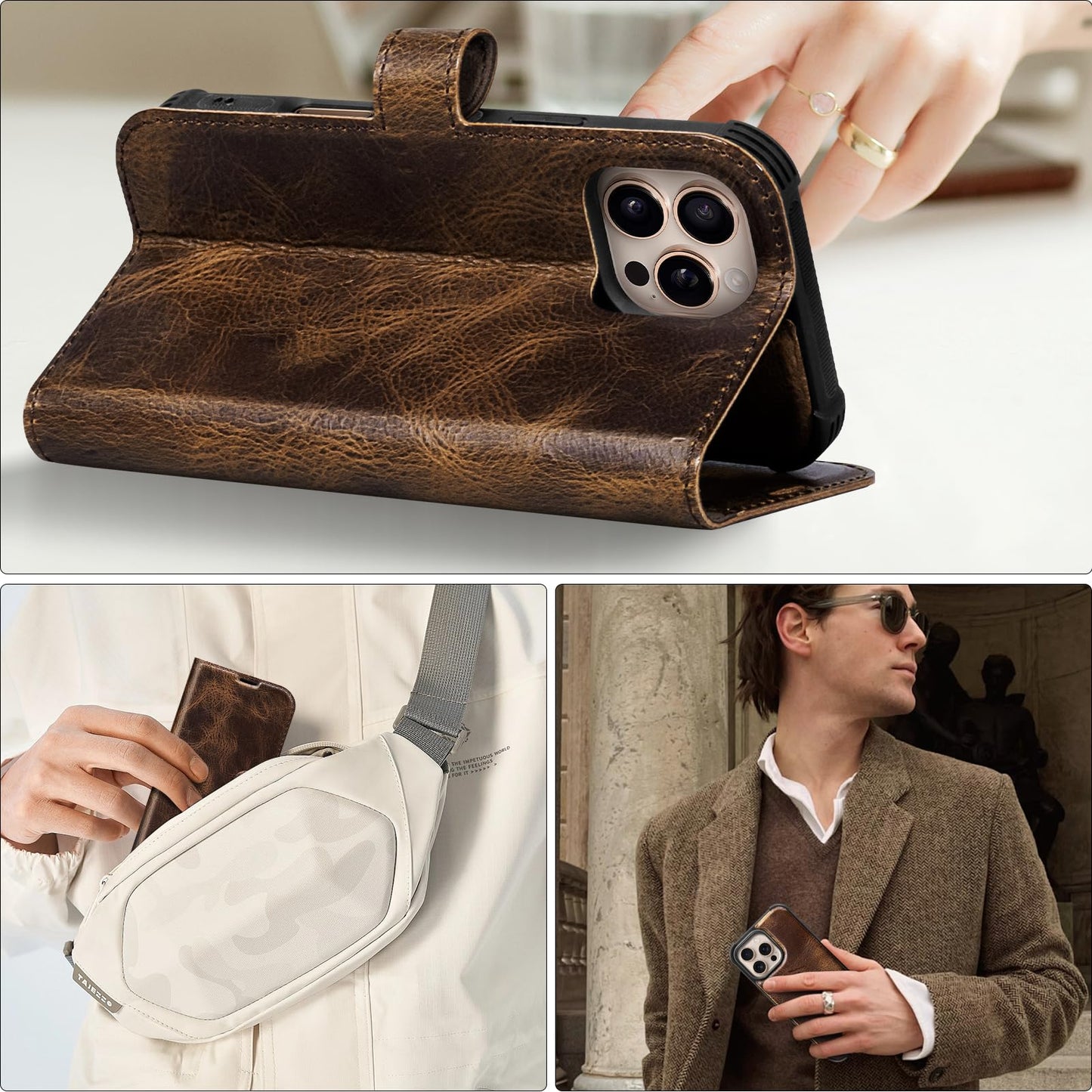 RMAWRAD Leather Case Compatible with iPhone 16 Pro Max Wallet 6.9",Genuine Leather 2in1 Magnetic Detachable Shockproof Kickstand,Flip Folio Cover with Card Slot,Wireless Charging RFID Blocking Brown