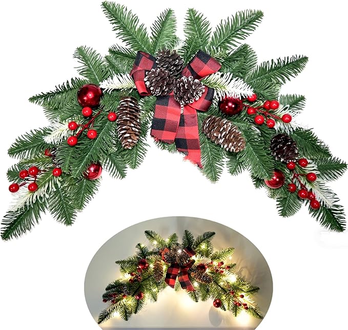27.6" Christmas Swag with Lights Artificial Decorative Swag with Cute Bow Red Xmas Balls PineCones Red Berries Cedar Pine Swag Wreath Decoration for Front Door Table Window Stair Mantle Holiday Decor