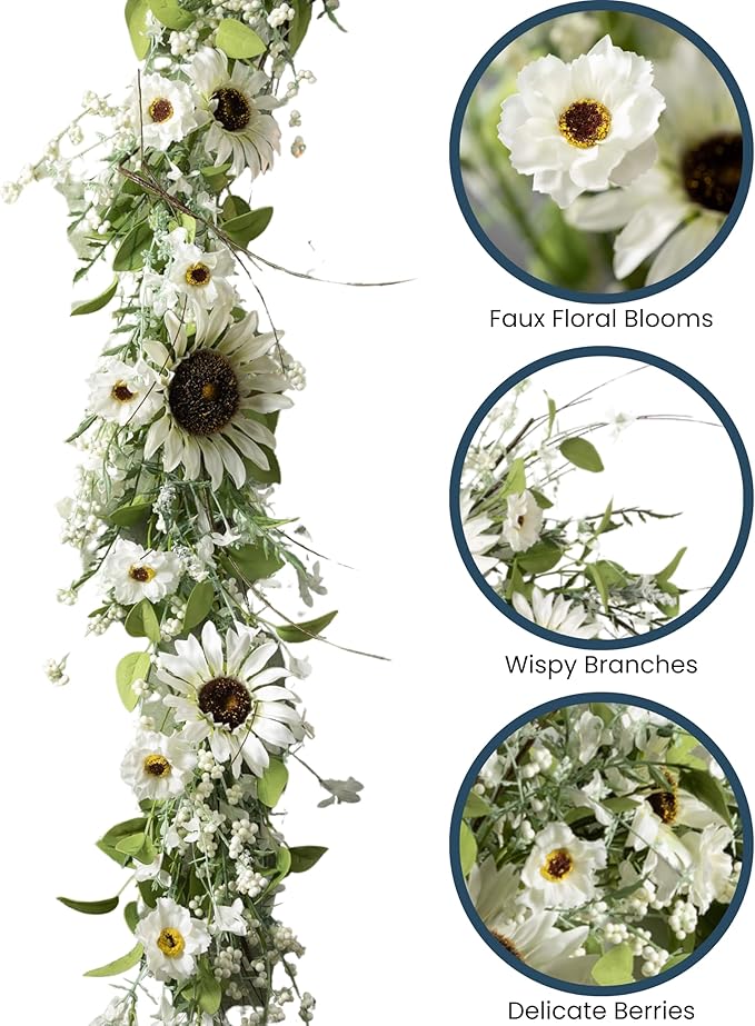 Sullivans Greenery Garland, Sunflower & Wispy Berry Spring Garland for Indoor, 66" White Flower Faux Life-Like Flower Garlands for Mantle Decor, Living Room, Home, & Office Fireplace Decorations