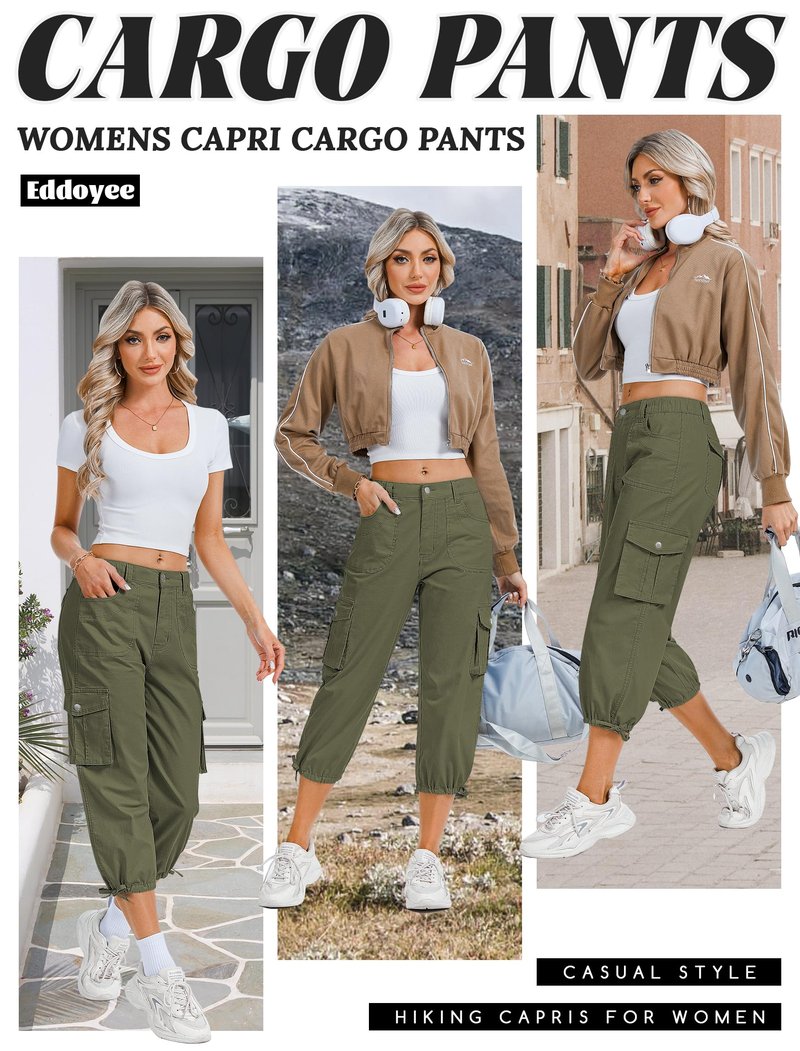 Eddoyee Cargo Capris for Women Pants Cotton Hiking Pants with 6 Pockets Elastic Waist Casual Summer Pants 2026
