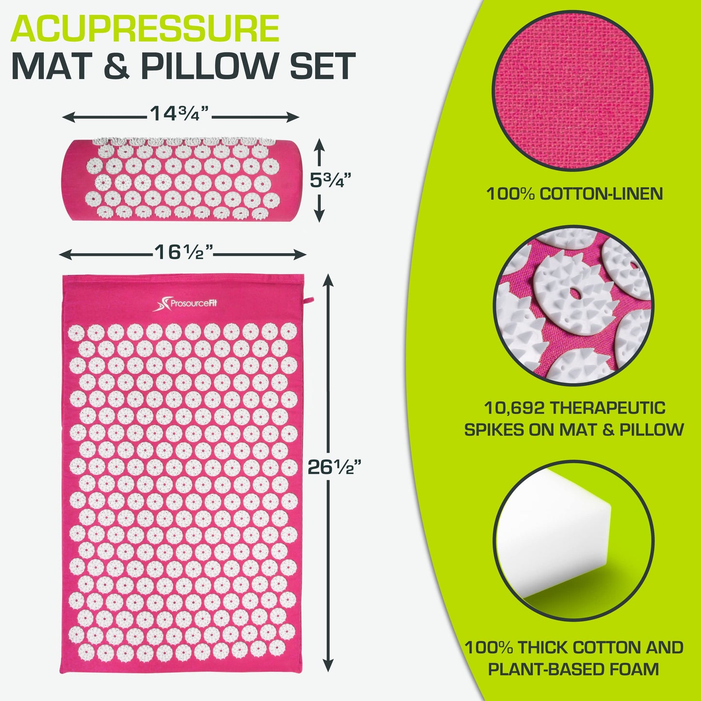 ProsourceFit Acupressure Mat and Pillow Set for Back/Neck Pain Relief and Muscle Relaxation, Pink
