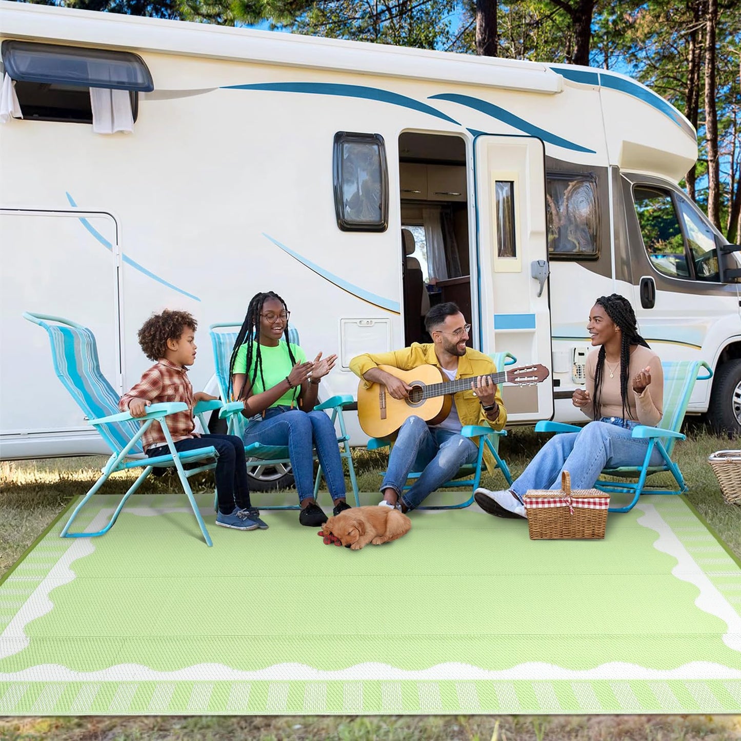 MilleLoom Outdoor Rug 9x12 Modern Scalloped Border Area Rugs for Indoor and Outdoor Patios and Porches - Waterproof, Washable, Non-Shedding, Easy-to-Clean Outside Carpet,Green/White
