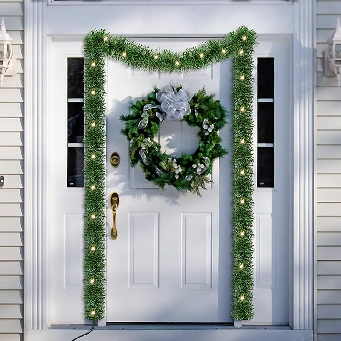 WATERGLIDE 49FT Lighted Christmas Green Garland with 100 Count Clear String Lights, Pre-lit Long Artificial Greenery Garlands, Plug in Holiday Decorative Lights for Indoor Outdoor Decor