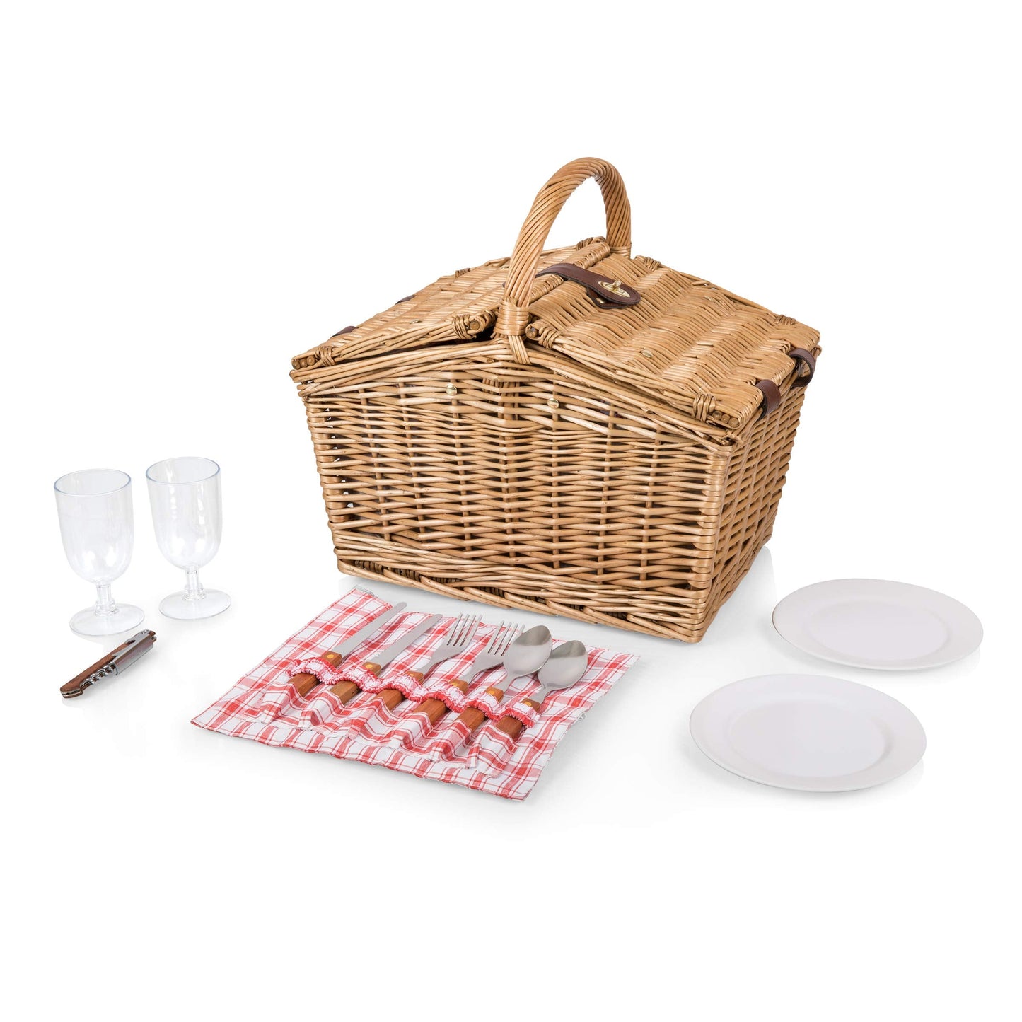 PICNIC TIME Piccadilly Picnic Basket, Romantic Picnic Basket for 2 - Includes Utensil Set, Glasses, Plates, and Wine Opener, (Red & White Plaid Pattern)