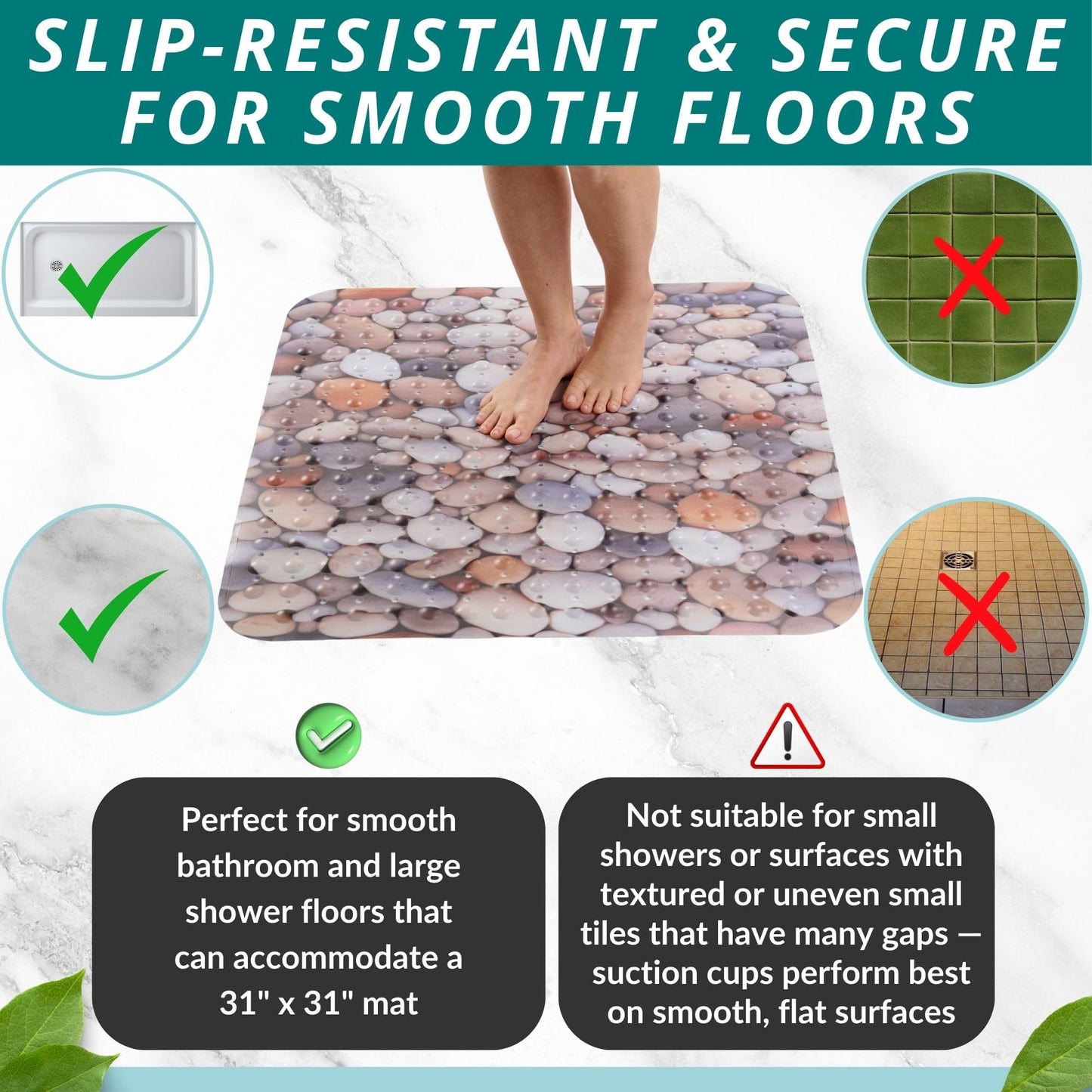 ENKOSI Extra Large Square Non Slip Shower Mat - 31 x 31-inch XL Bathroom Shower Mat - Square Shower Mats for Shower Stall Floors | Secure Suction Cups and Drain Holes (31x31 Pebble Stone)