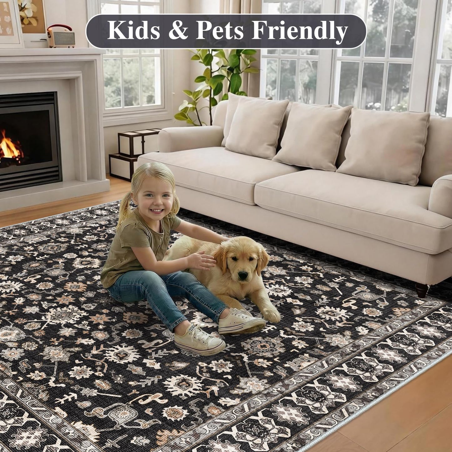 Washable 3x3 Square Rug for Entry Bathroom Kitchen Bedroom Carpet - Non Slip Low Pile Soft Throw Door mat - Protect Hardwood and Laminate Flooring Floral Farmhouse Decor 3x3 Black