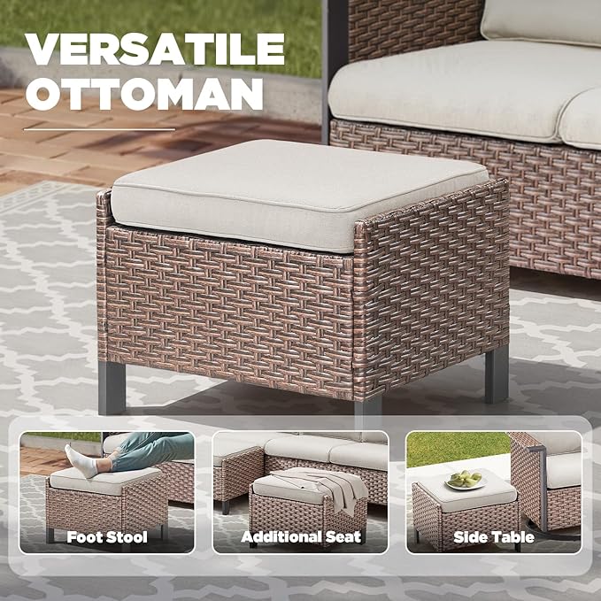 Outdoor Patio Furniture Set-7 Pieces All-Weather Wicker 3 Seater Sofa with Swivel Rocker Patio Chairs Set of 4, Wicker Sofa Outdoor Conversation Sets for Porch Deck Backyard Brown/Beige