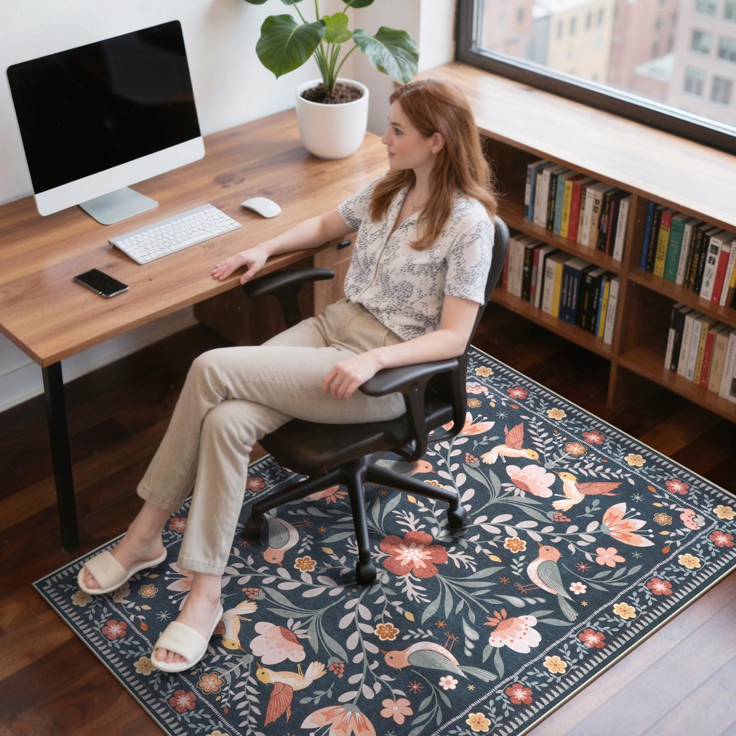 Anidaroel 48"x60" Office Chair Mat for Hardwood Floor/Tile, Black Floor Mat for Office Chairs, Anti-Slip Floral Under Desk Rug for Rolling Chairs, Bird Bug Low Pile Desk Chair Mats for Hardwood