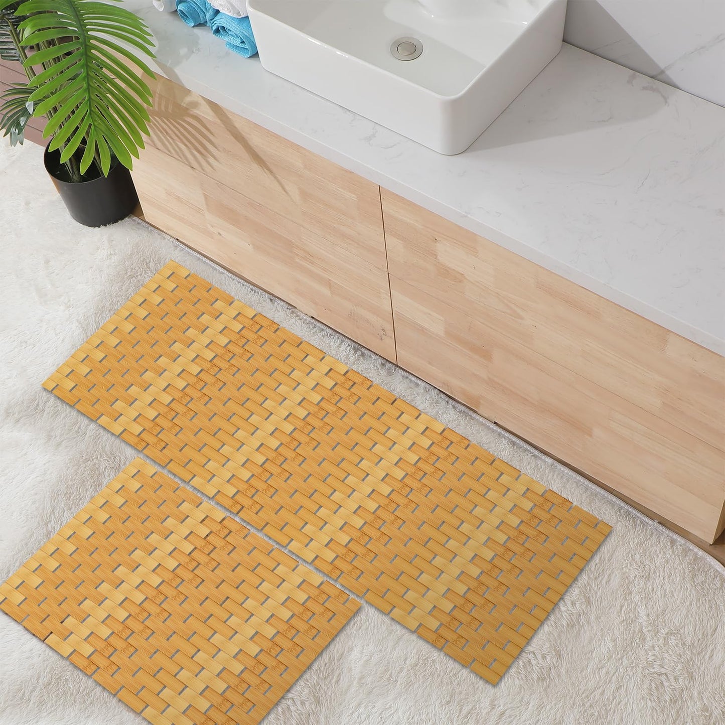 Barydat 2 Pcs Bathroom Bamboo Bath Mat Set Long Large Bathtub Non Slip Bamboo Shower Mat Floor Wooden Rug Waterproof Bathmat for Bathroom Accessory Spa Kitchen Outdoor, 16 x 48 Inch and 16 x 24 Inch