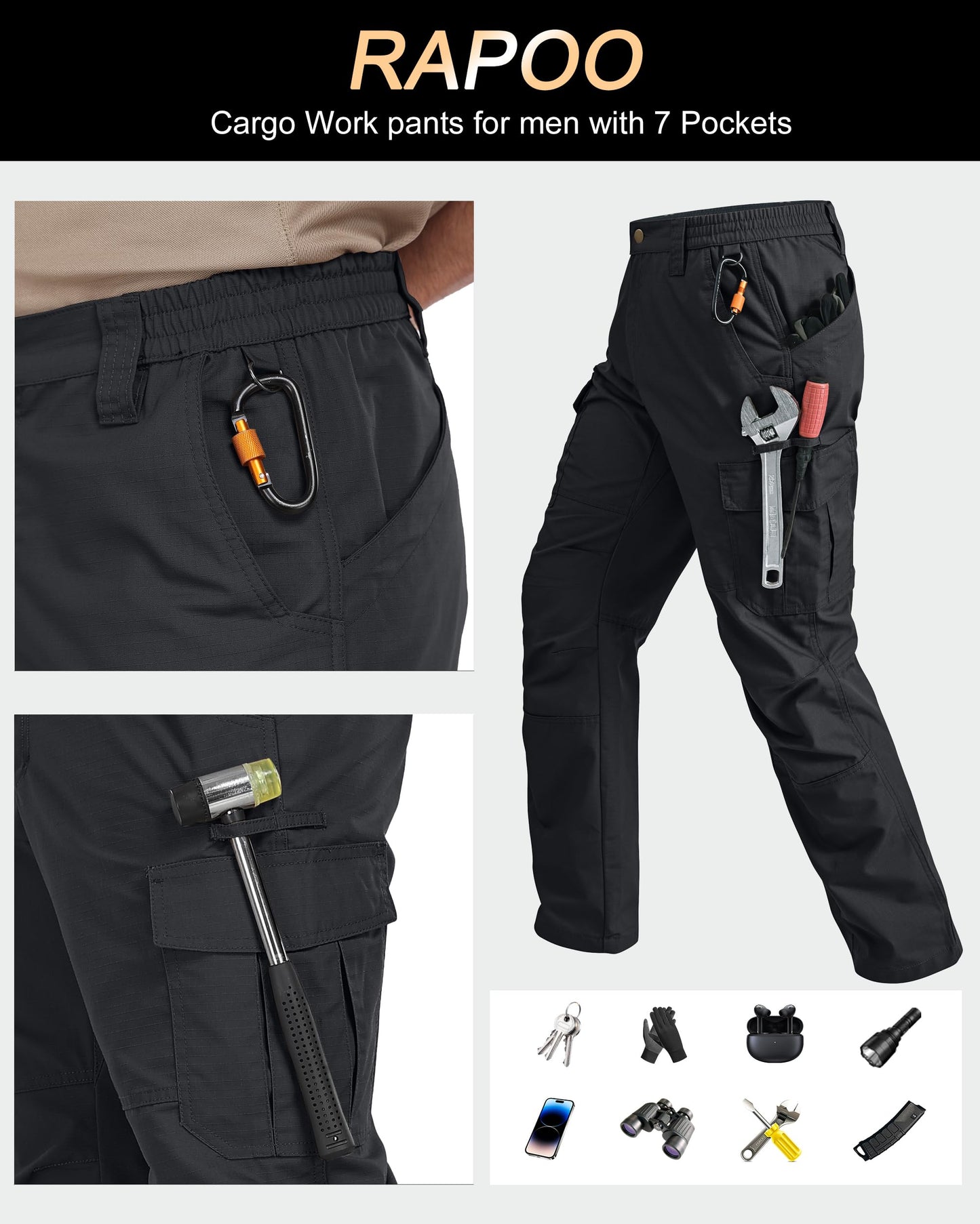 Rapoo Tactical Pants for Men Cargo Working Army Fishing Hiking Pants for Men with Pockets Elastic Waist Mens Ripstop Construction Carpenter Outdoor Pants Black 32Wx34L