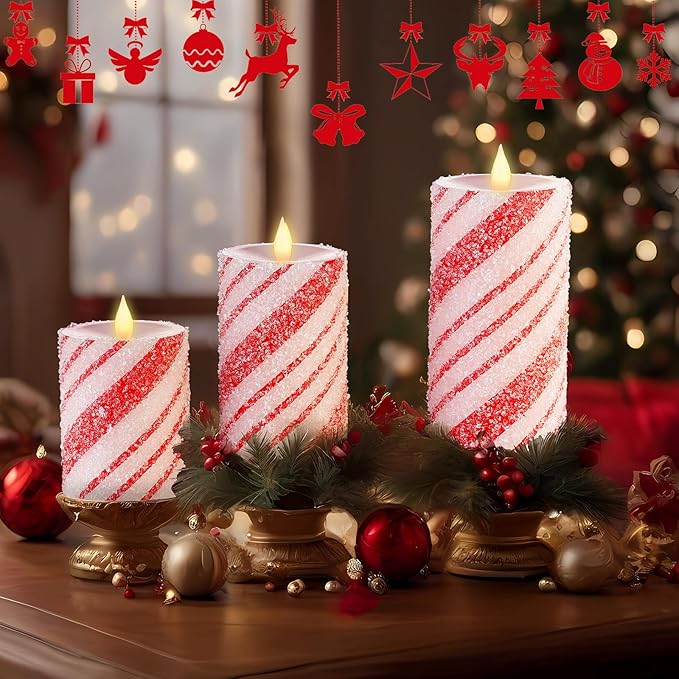Baquler 3 Pcs Christmas Flameless Pillar Candles LED Candy Cane Peppermint Stripe Red and White Glitter Battery Operated Candles for Xmas Holiday Centerpiece Home Party Decor