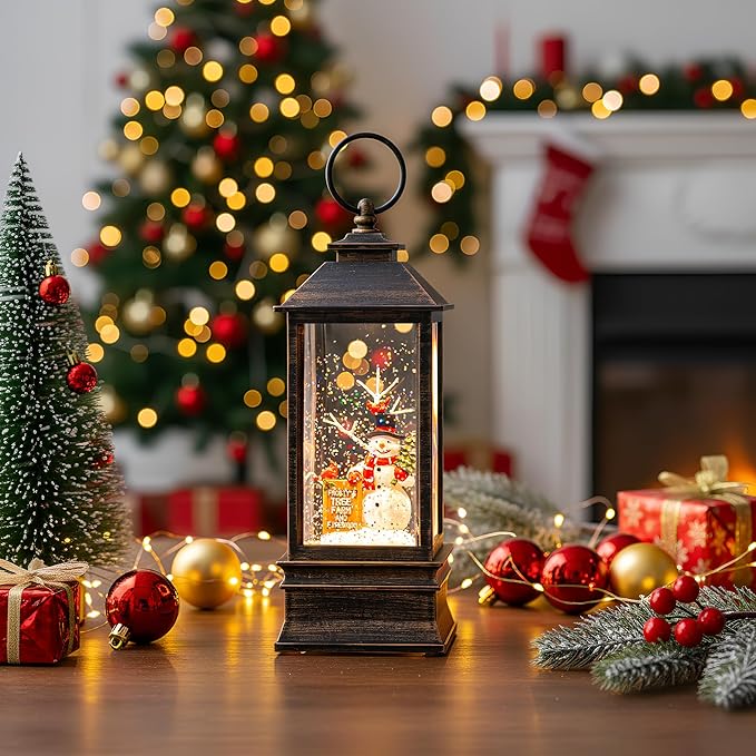 Christmas Snow Globe Water Glittering Farm Snowman with Music & Timer, USB Lined/Battery Operated Lighted Lantern for Christmas Festival Decoration Gifts