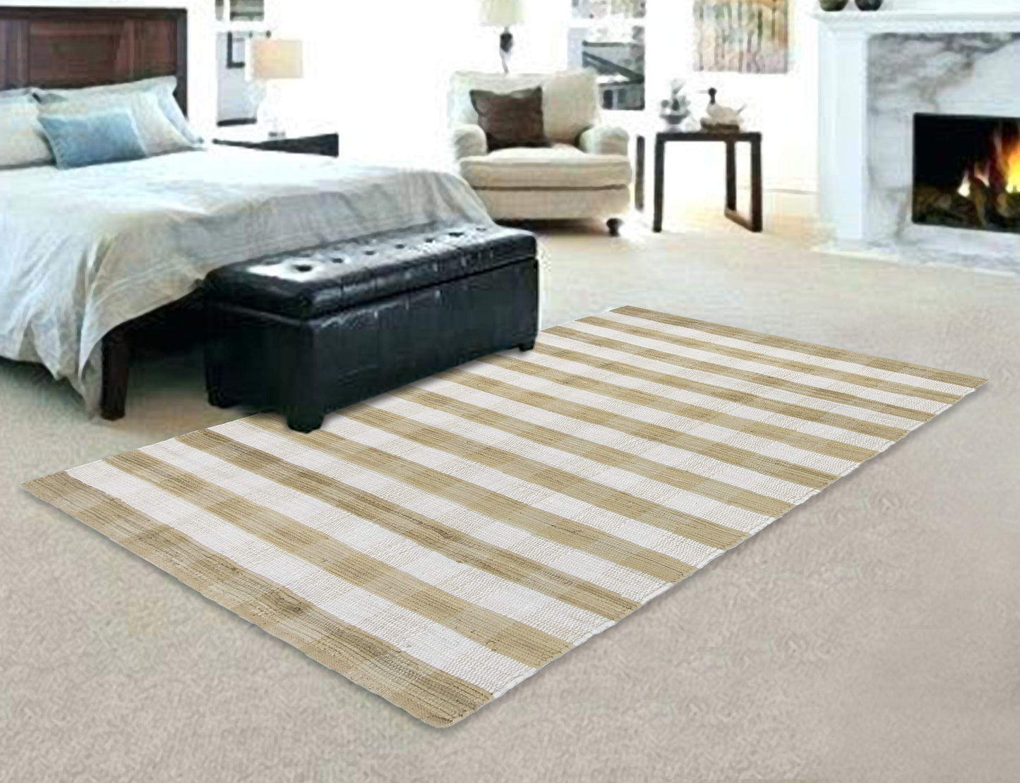 GLAMBURG Cotton Reversible Area Rug 3' x 5' Farmhouse Floor Mat, Handwoven Washable Carpet Checkered Plaid Rug for Front Porch Living Room Kitchen Bedroom - Beige Natural