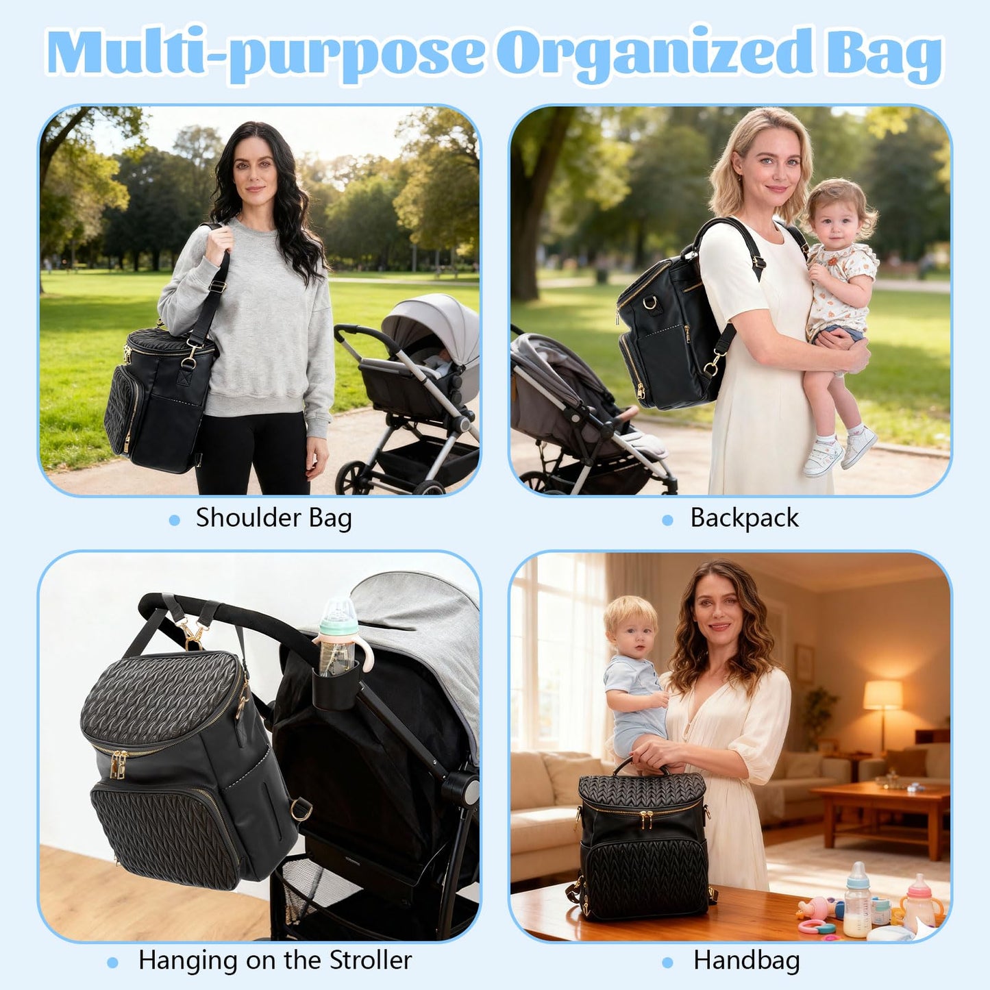 Minsong Diaper Bag Backpack, Fashion Leather Mommy Backpacks, Travel Baby Diaper Bags with in Bag Organizer and Changing Pad (Black-stripes)