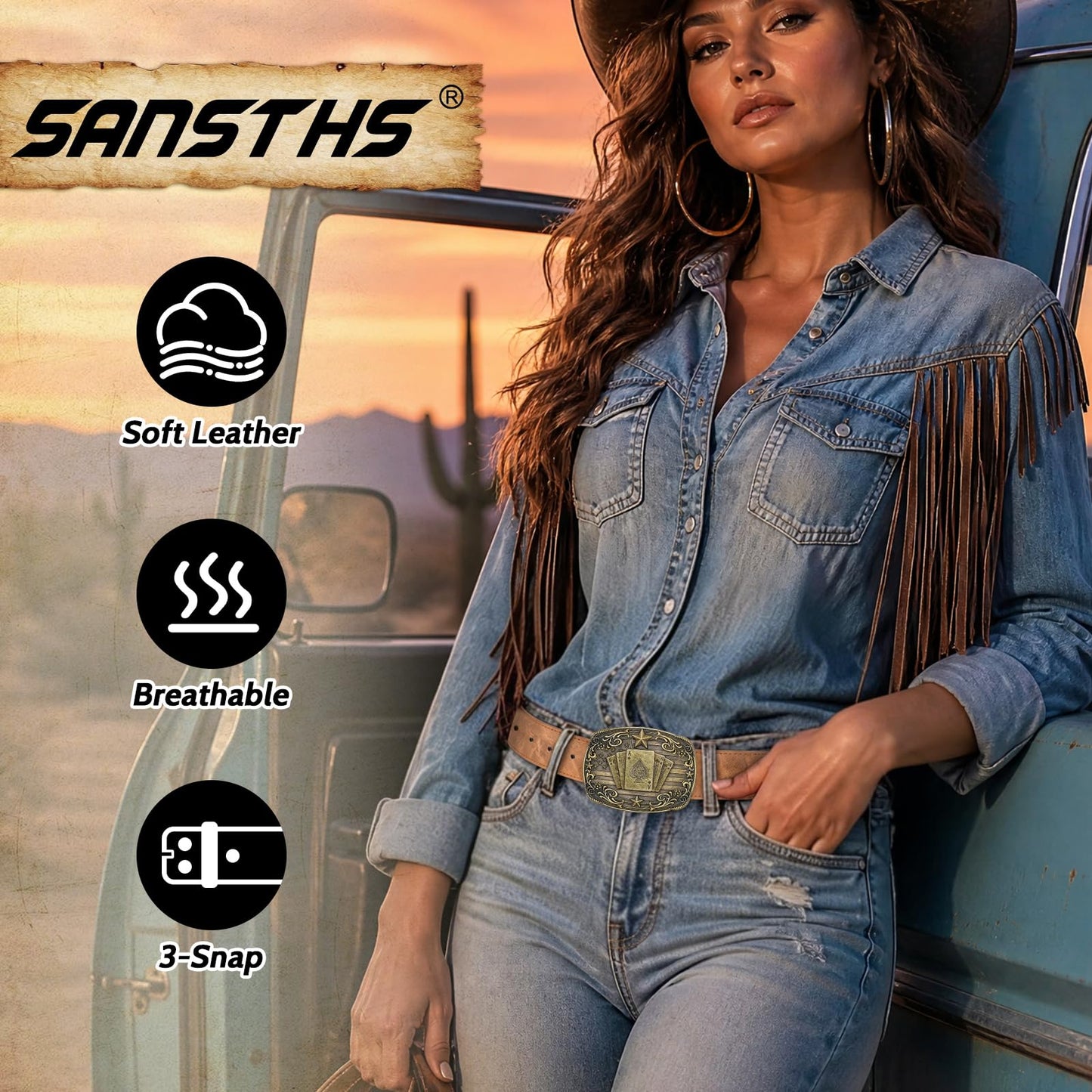 SANSTHS Cowboy Belts for Men Women - Western Belt and Buckle, PU-Leather Rodeo Cowgirl Belt for Jeans, Brown poker 1.5"