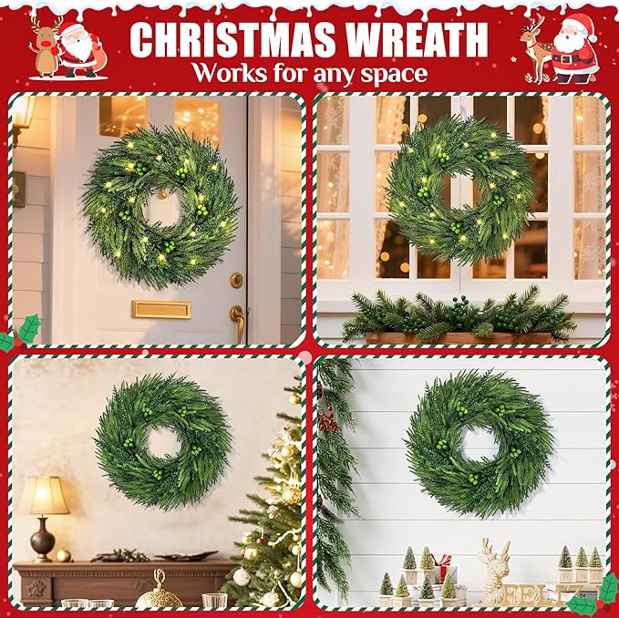 24 Inch Christmas Wreaths for Front Door, Real Touch Norfolk Pine Wreath Large Christmas Wreath with Lights, Winter Wreaths Christmas for Outdoor Indoor Windows Xmas Decor