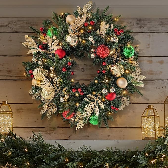 Christmas Lighted Wreath for Front Door, 28 Inches Pre-Lit 35 LED Lights, Red and Green Classic Artificial Holiday Wreath for Indoor Outdoor Home Decorations