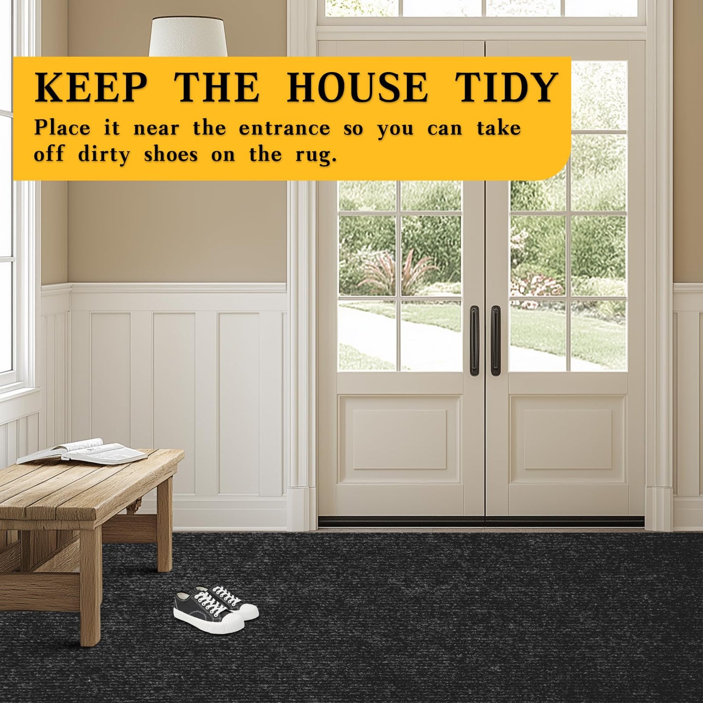 Extra Long 3x10 ft Runner Rug for Hallway, Non-Slip Indoor Outdoor Carpet with TPR Backing, Durable Waterproof Mat for Kitchen, Patio, Balcony, Garage, Deck, Entryway, Stair, Black Fine Stripes