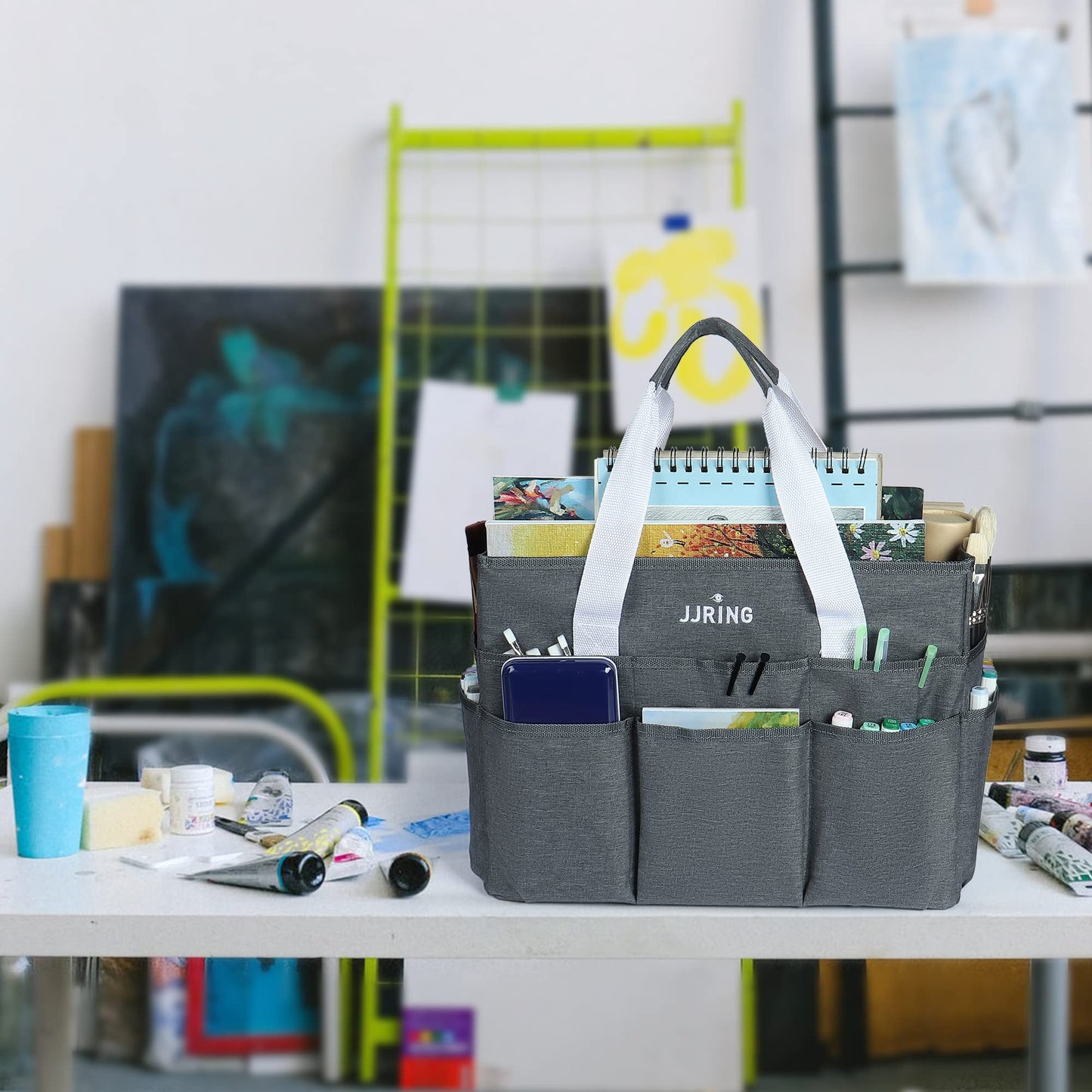 JJRING Craft Organizer Tote Bag, Large Art Storage Caddy with Multiple Pockets, Gray Sewing Bag for Art, Craft, Scrapbooking, School, Medical, and Office Supplies Storage