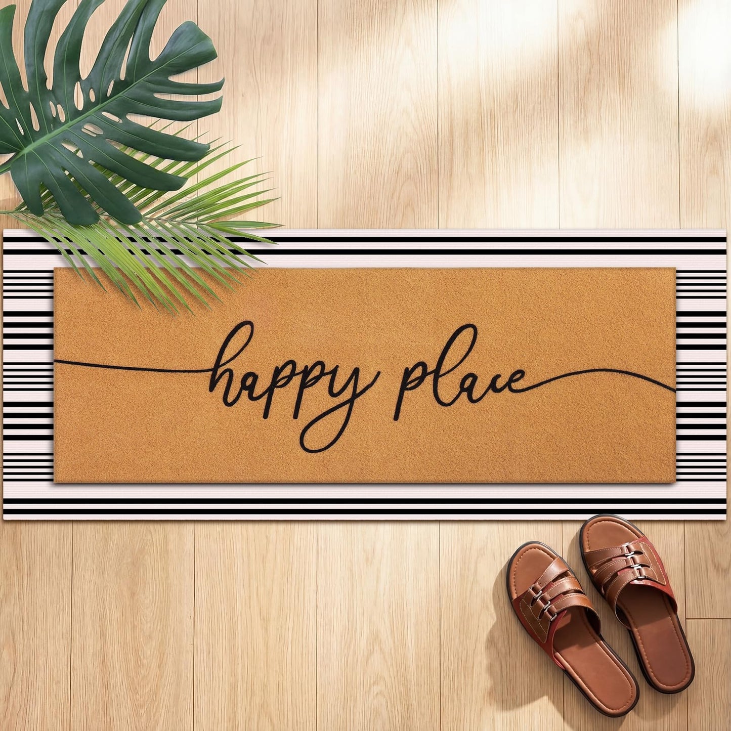Tinideya 2 Pcs Summer Door Mat 17"x47" Happy Place Welcome Non Slip Coir Mats Large Floor Layering Black White Stripes Doormats Seasonal for Front Porch Entryway Decor