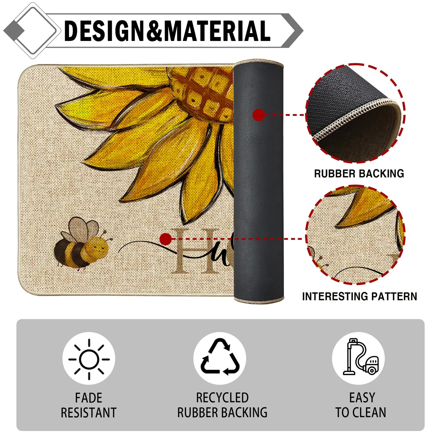 Wylumen Sunflower Welcome Doormat 17"x29", Non Slip Door Mat Indoor Entrance, Hello Indoor Front Door mat, Spring Summer Outdoor Entrance Mat, Low Profile Design Patio Porch Entryway Mats