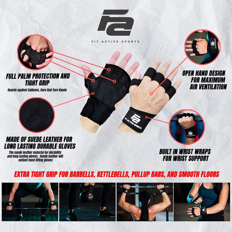 Fit Active Sports New Grip 2.0 Ventilated Weight Lifting Workout Gloves with Wrist Wraps for Gym Exercise, Weightlifting, Pull Ups - for Men & Women (XL)