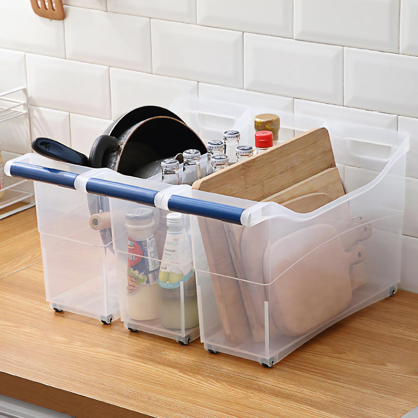 MANO 2Pack Large Roll Out Bottle Organization Bins Clear Plastic Refrigerator Organizer with 4 Wheels - Perfect for Pantry, Kitchen, and Under Sink Storage