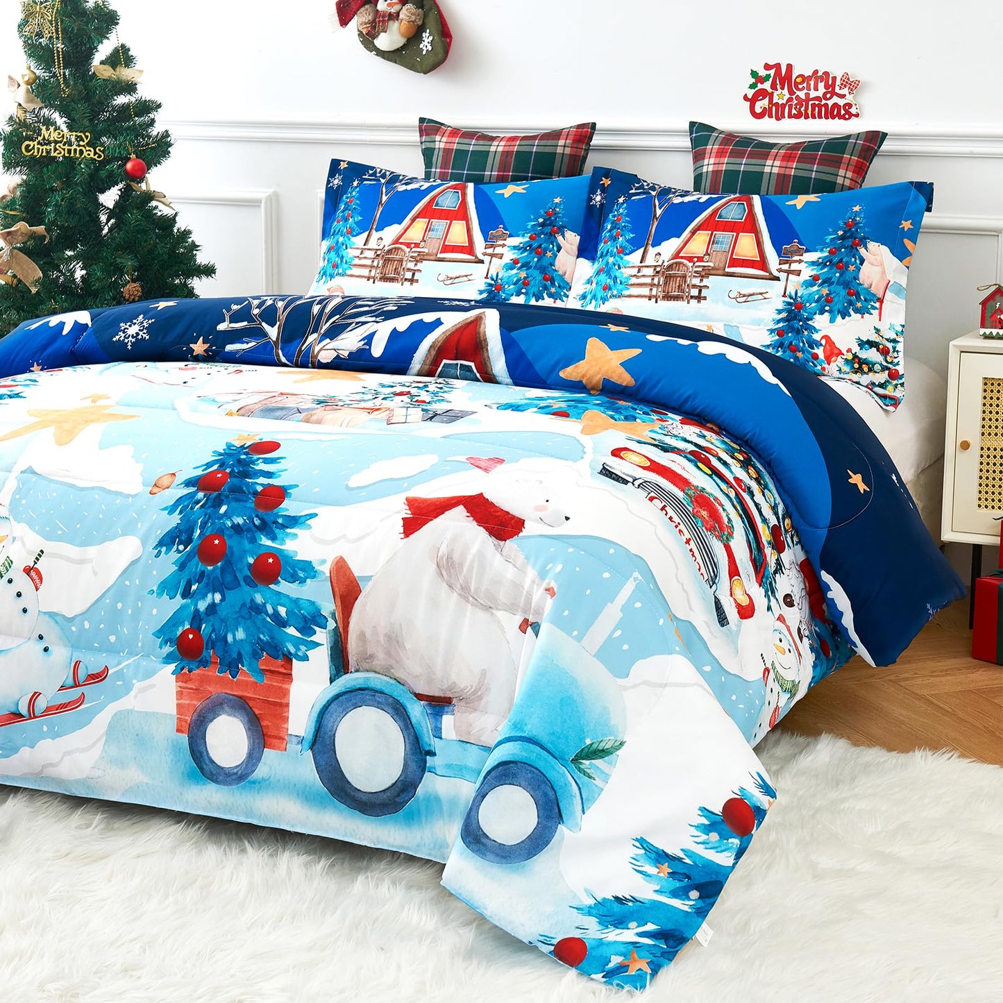 YIYEA Christmas Queen Comforter Set for Girls Boys, Cute Kids Comforter with 2 Pillowcase, Ultra Soft Brushed Microfiber Christmas Bedding Comforter Sets, Suit for All Season, Machine Washable