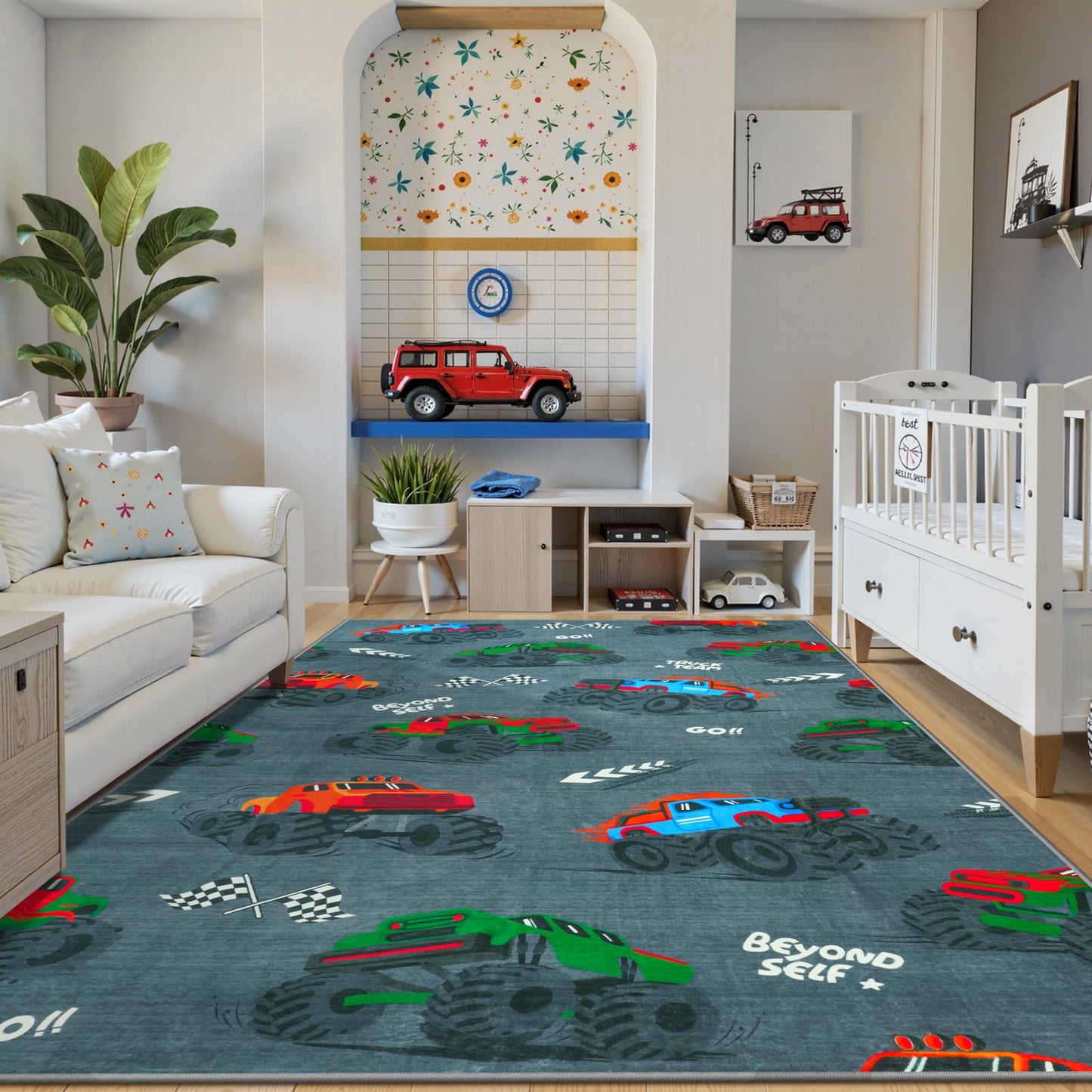 STARUIA 5x7 Washable Car Rugs for Boys Room, Large Cool Race Truck Kids Rug for Bedroom, Soft Boys Play Rug Construction Carpet for Kids Room Playroom Living Room(Grey