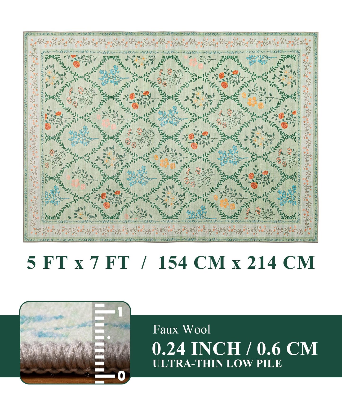 YIHOUSE Green Floral 5x7 Area Rugs for Bedroom Girls, Washable Rug for Living Room Non Slip Ultra-Thin, Large Boho Carpet for Kids Playroom, Classroom, Dorm, Nursery, Green Multi